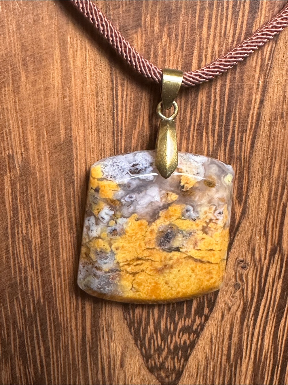 Unique Square Yellow Jasper Pendant Necklace on Brown Rope - Picture 8 of 14